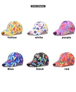 Detail display of six colorful gradient baseball caps with stylish letter graffiti patterns