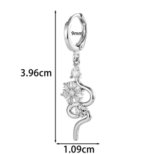 Silver snowflake snake drop earrings with zircon stones and dimensions 9mm by 3.96cm