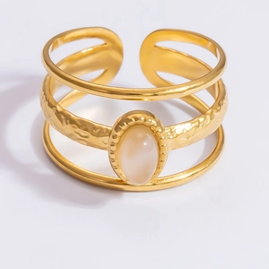 Macro detail of 18k gold-plated stainless steel ring featuring an oval white natural stone