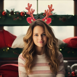 Detail of Christmas reindeer antler headband with red sequins and gold bells on model