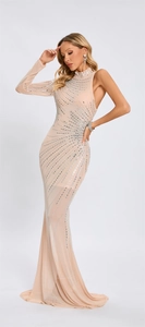 Stunning nude mesh gown with sparkling silver sequins and asymmetric one-shoulder design