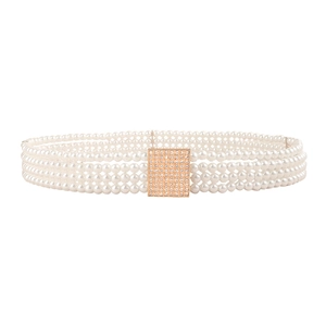 Elegant four-row white pearl belt featuring a rose gold square rhinestone buckle