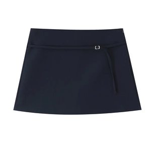 Navy blue mini A-line skirt with matching slim belt and silver metallic buckle