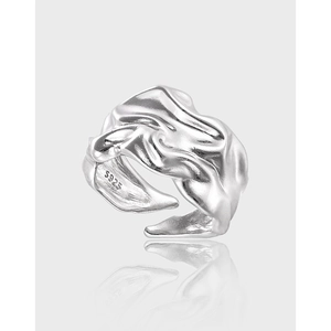 S925 Sterling Silver Irregular Wrinkle Texture Open Ring Niche Minimalist Liquid Metal Style Adjustable Wide Band Finger Ring For Women