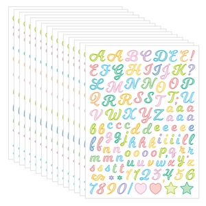 Macro view of 12-pack colorful letter and number stickers for journals and scrapbooking