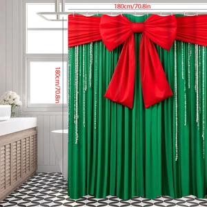 Detail of green Christmas shower curtain with red 3D bow and vertical bead print