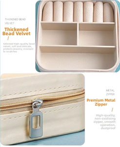 Detail of beaded velvet lining and smooth metal zipper on portable mini jewelry box
