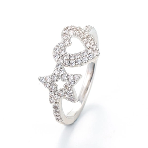 Adjustable silver open ring with pavé-set star and heart motifs in clear zircon stones