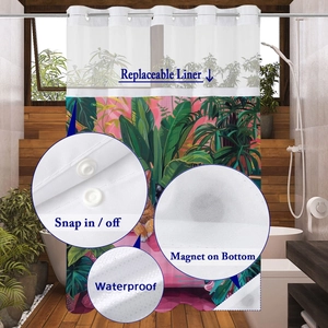 Detail of waterproof cat print shower curtain with snap-in liner and magnetic weights