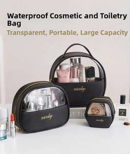 Three-piece black PU leather and transparent PVC waterproof toiletry bag set with gold zippers