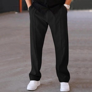 Front view of men's black straight-leg casual trousers with side pockets on a model