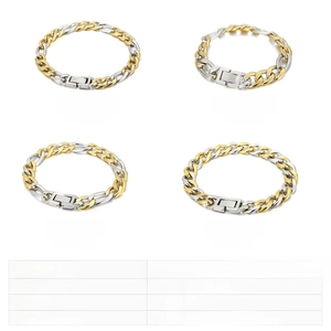 Detail view of two-tone gold and silver Figaro chain bracelets with size specifications