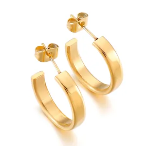 Boucles D'Oreilles Créoles En Forme De C En Acier Inoxydable 316L Poli Géométrique Simple Hypoallergénique Femmes