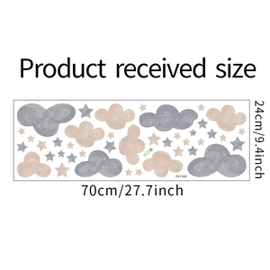 Detailed size chart for watercolor cloud and star wall stickers showing 70cm x 24cm dimensions