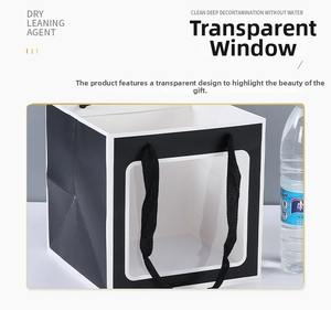 Detail of black gift bag with large transparent window and sturdy carry handles