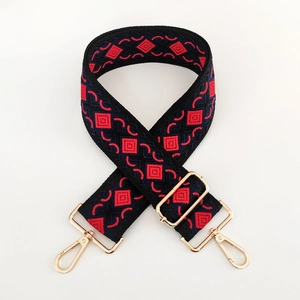 Detail of 5cm ethnic jacquard bag strap with gold metal hooks and geometric patterns