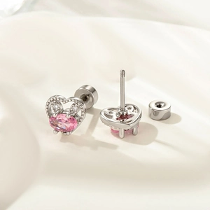 Pink heart-shaped rabbit stud earrings with silver hollow design and screw back