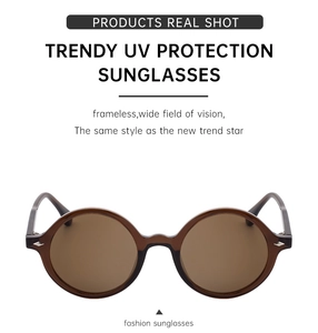Detailed flat lay of stylish brown round frame sunglasses with UV protection lenses