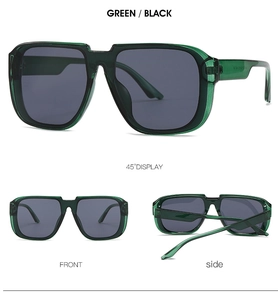 Detalle de gafas de sol cuadradas verde transparente mostrando el frente y el perfil