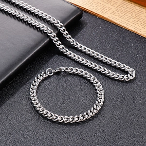 Polished silver titanium steel Cuban chain necklace and bracelet set for men