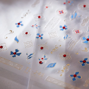 Stereo gold-edged nail stickers with blue flower petals and red rhinestones, TL-248 model
