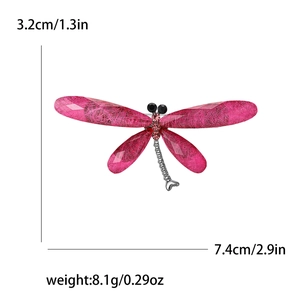 Detailed size specifications of the pink rhinestone dragonfly brooch on a white background
