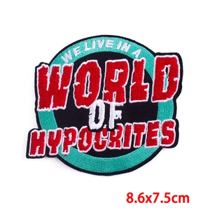 8.6x7.5cm round punk slogan embroidery patch with hypocrites text and iron-on backing