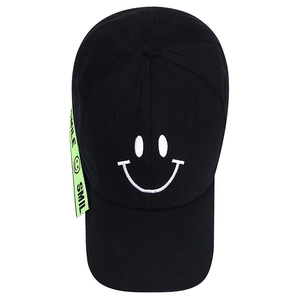 Unisex black baseball cap with white smiley face embroidery and neon green ribbon