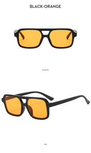 Detailed views of double-bridge pilot sunglasses with black frames and orange lenses