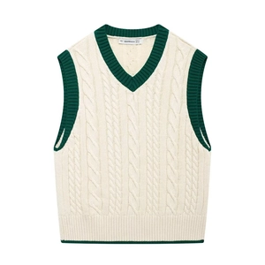 Women V Neck Cable Knit Sweater Vest Sleeveless Contrast Trim Preppy Style Pullover Top Creamy White
