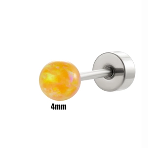Close-up of 4mm orange opal ball stud earring with silver surgical steel flat back post