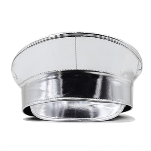 Front view of silver metallic patent leather flat top hat with reflective mirror finish
