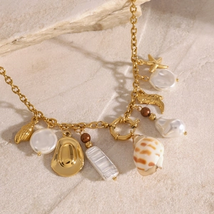 Collana in acciaio inossidabile 18k oro con perle e ciondoli a stella marina su pietra