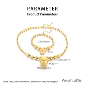 Detailed size specifications for golden stainless steel ball bead necklace and bracelet set