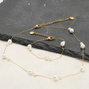 Collier Et Bracelet En Perles D'eau Douce Acier Inoxydable Plaqué Or 18K Élégant Bijoux Minimalistes Pour Femmes Chaîne Clavicule