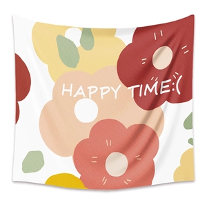 Bohemian floral wall tapestry featuring Happy Time text and diamond weave texture