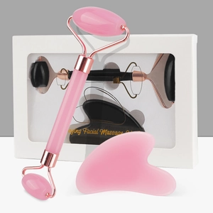 Facial Massager Set Resin Roller And Heart Shaped Gua Sha Board Face Skin Lifting Tools With Rose Gold Zinc Alloy Bracket