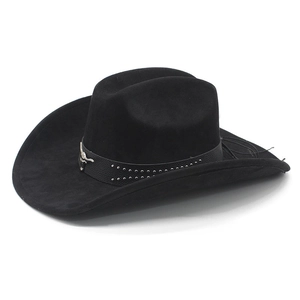 Detail of black wide brim cowboy hat featuring silver studs and longhorn bull skull emblem