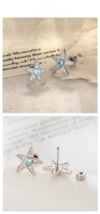 Macro shot of silver starfish studs with micro-pave cubic zirconia and blue heart center