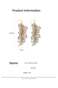 Detailed size parameters of French vintage pearl tassel earrings in gold-toned alloy