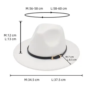 Detailed size chart for white wool felt jazz hat showing M and L dimensions