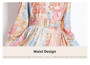 Detailed view of the bohemian print dress waist with a matching fabric belt and buckle