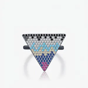 Vintage 925 Sterling Silver Inverted Triangle Finger Ring For Women Multi Color Zircon Pave Geometric Bohemian Jewelry