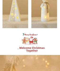 Detail of ceramic Christmas figurine with star cutouts and warm glowing LED light