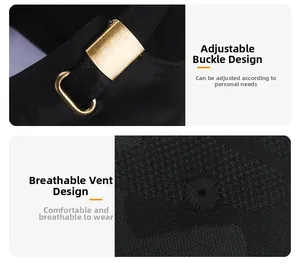 Detail of adjustable metal buckle and embroidered eyelets on a black camouflage cap