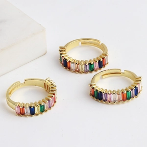 Rainbow Zircon Ring Gold Plated Brass Colorful Baguette Cut Eternity Band Fashion Jewelry For Women