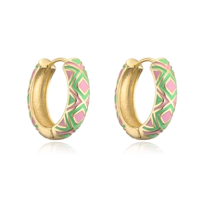 Detail of 18K gold-plated hoops with pink and green geometric enamel inlays