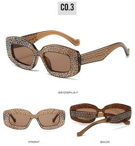 Detailed views of brown cat-eye sunglasses featuring luxury sparkling rhinestones