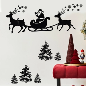 Stickers Muraux De Noël Père Noël Traîneau Renne Flocon De Neige Sapin Silhouette PVC Imperméable Amovible Décoration
