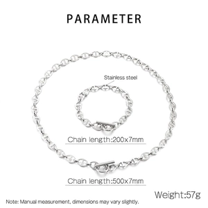 Stainless steel coffee bean link necklace and bracelet set with toggle clasp closure